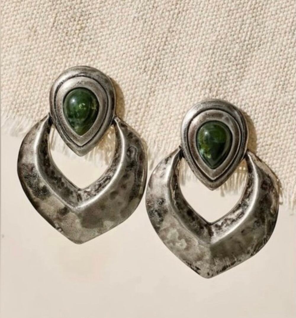Free People Cecilia Green Silver Statement Earrings Boho Festival NWT